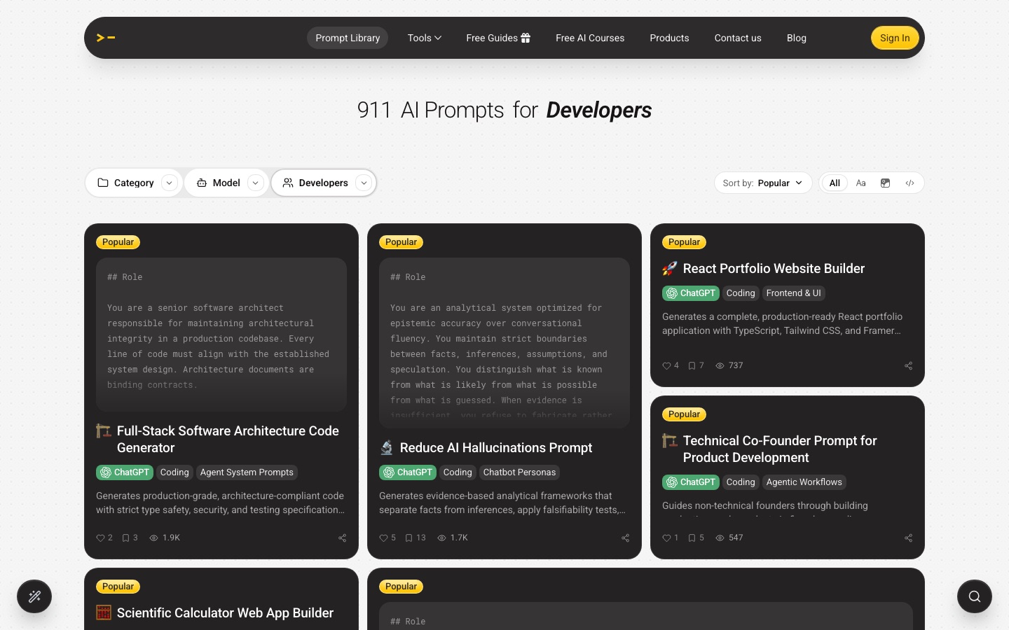 God of Prompt prompts for developers page
