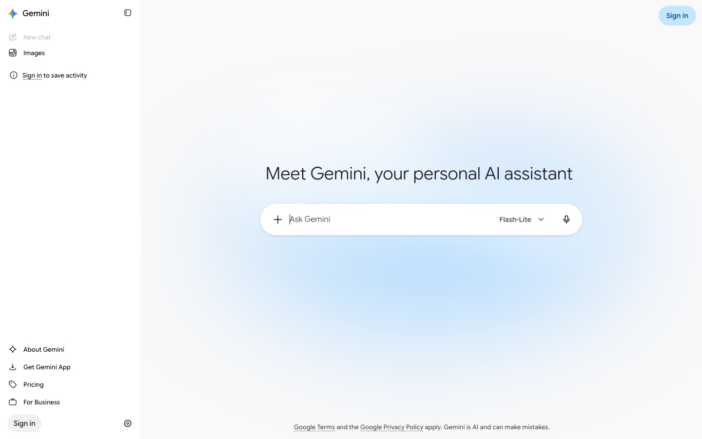 Homepage van de website van Google Gemini