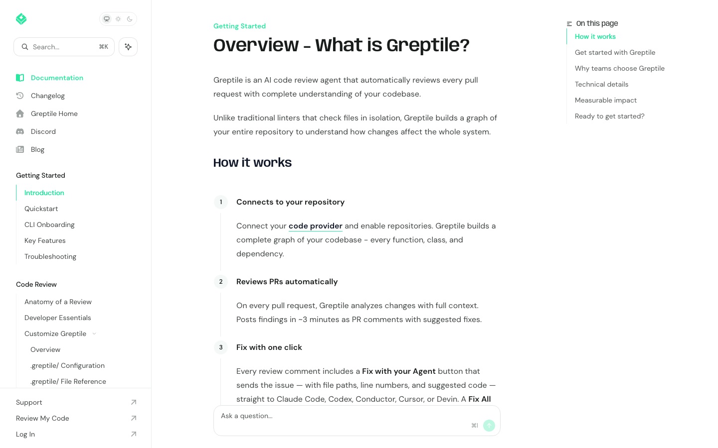 Pagina della documentazione di Greptile