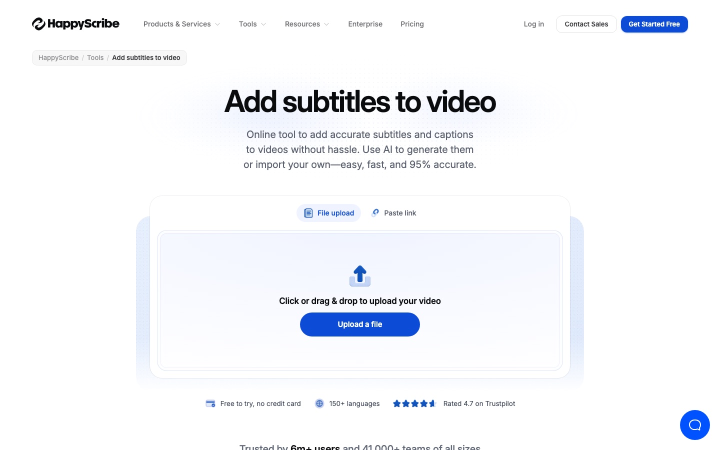 Pagina van HappyScribe voor het toevoegen van ondertitels aan video