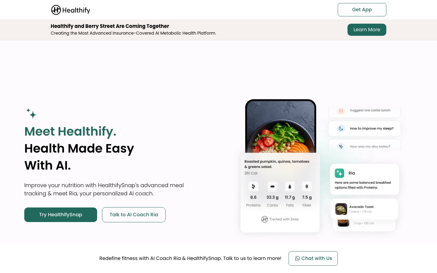 Página de inicio del sitio web de Healthify