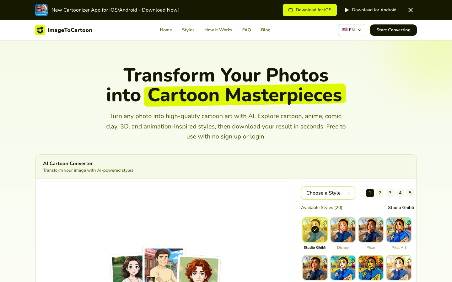 ImagetoCartoon website home page