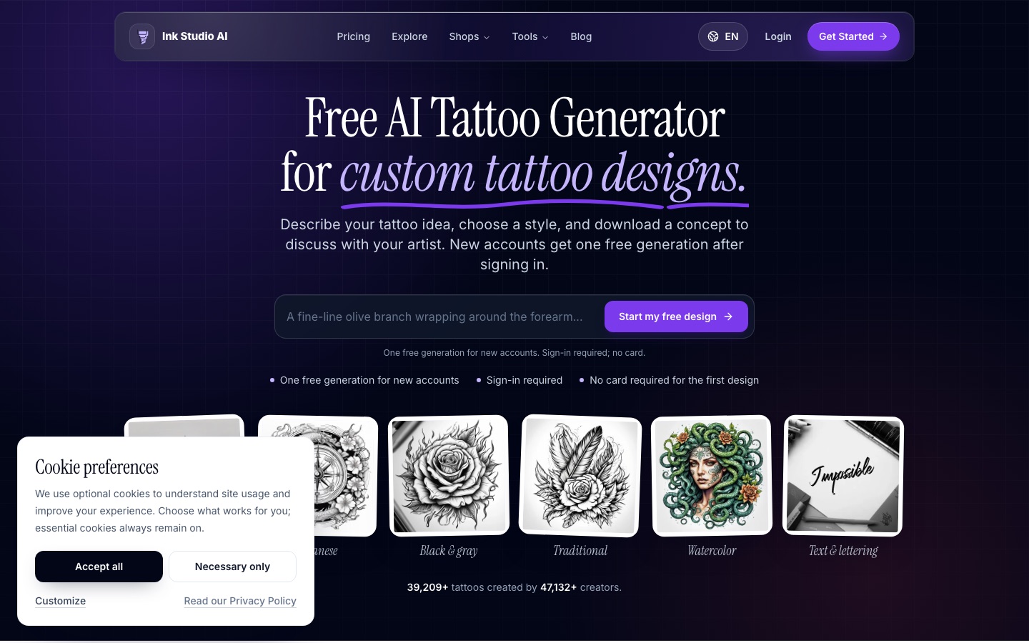 Ink Studio AI website home page