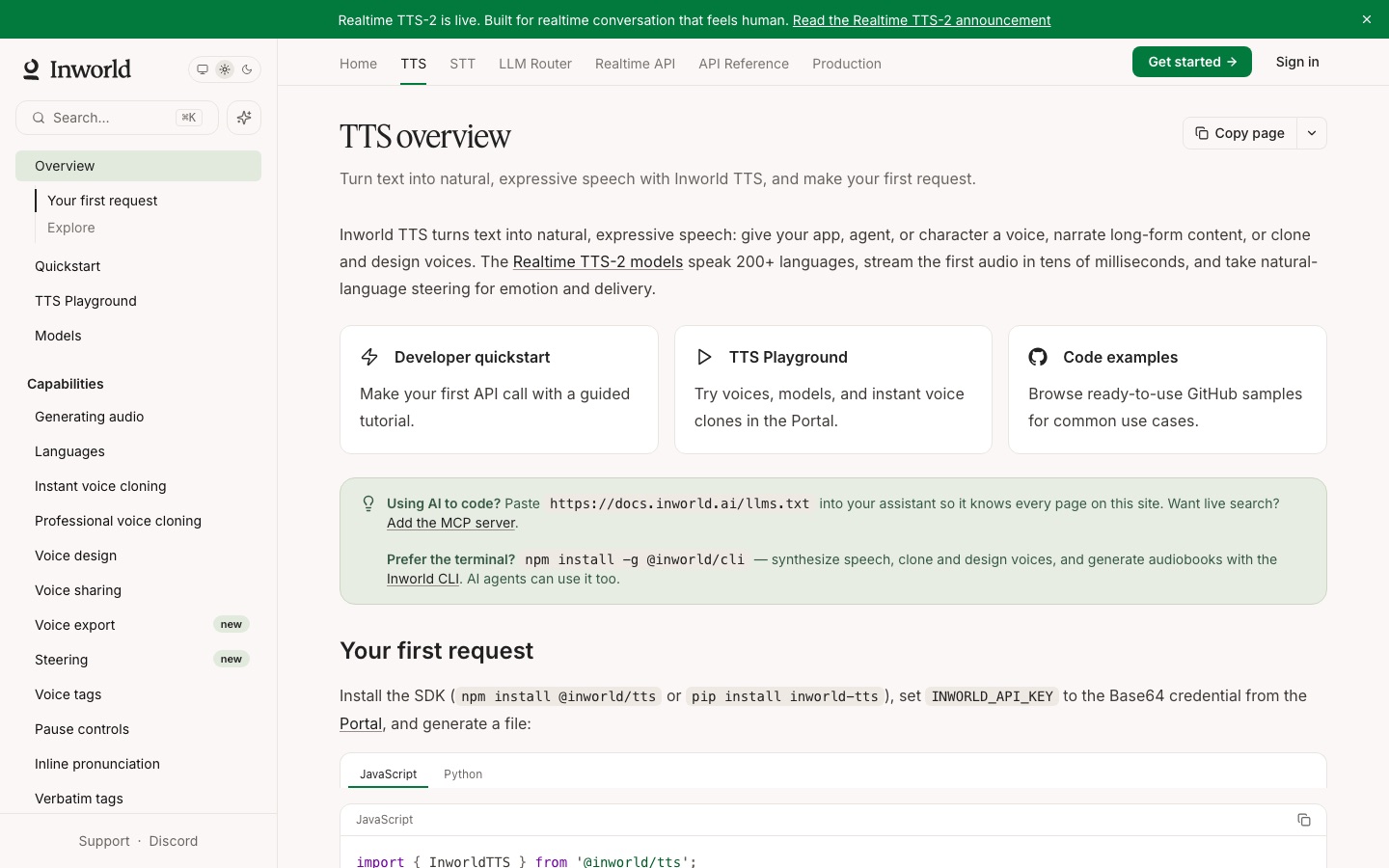 Pagina van Inworld AI met documentatie over TTS