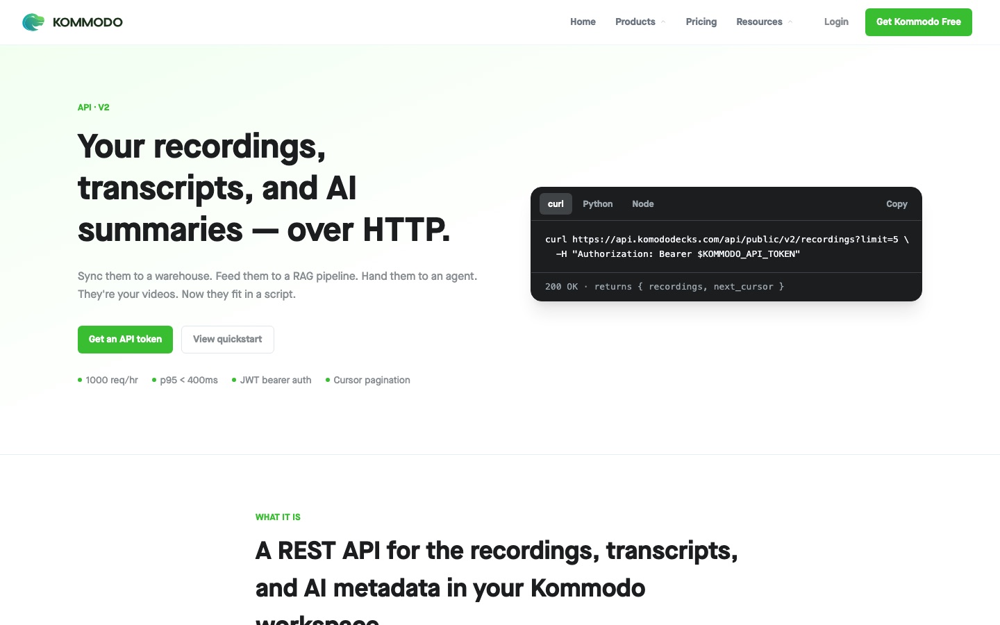 Página de la API para desarrolladores de Kommodo