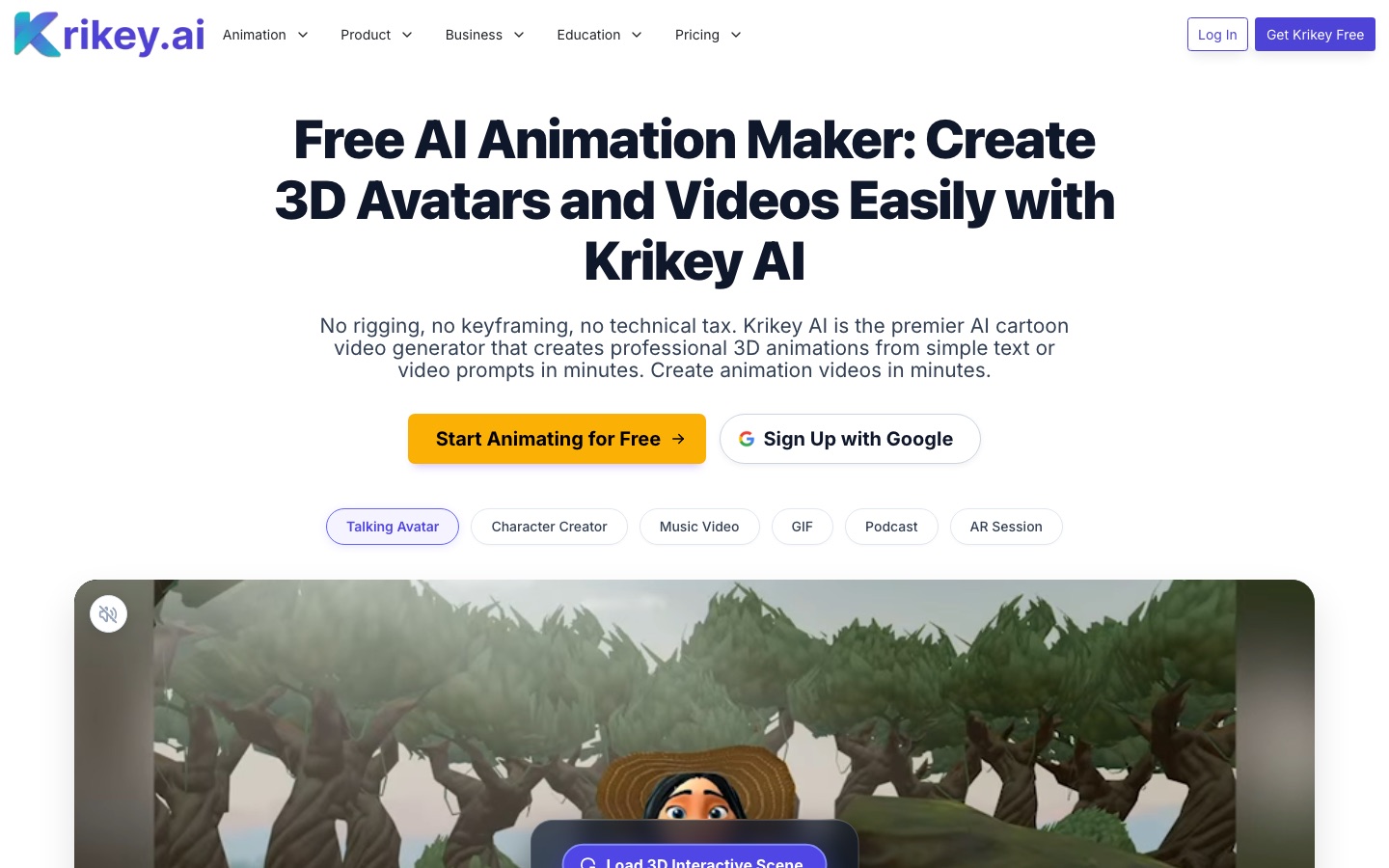 Página de inicio del sitio web de Krikey AI