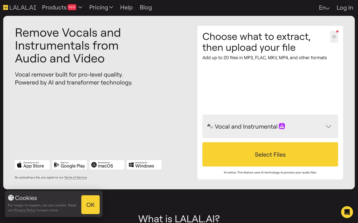 LALAL.AI web sitesinin ana sayfası