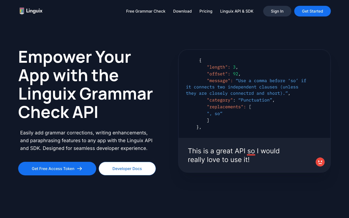 Σελίδα Grammar Check API του Linguix