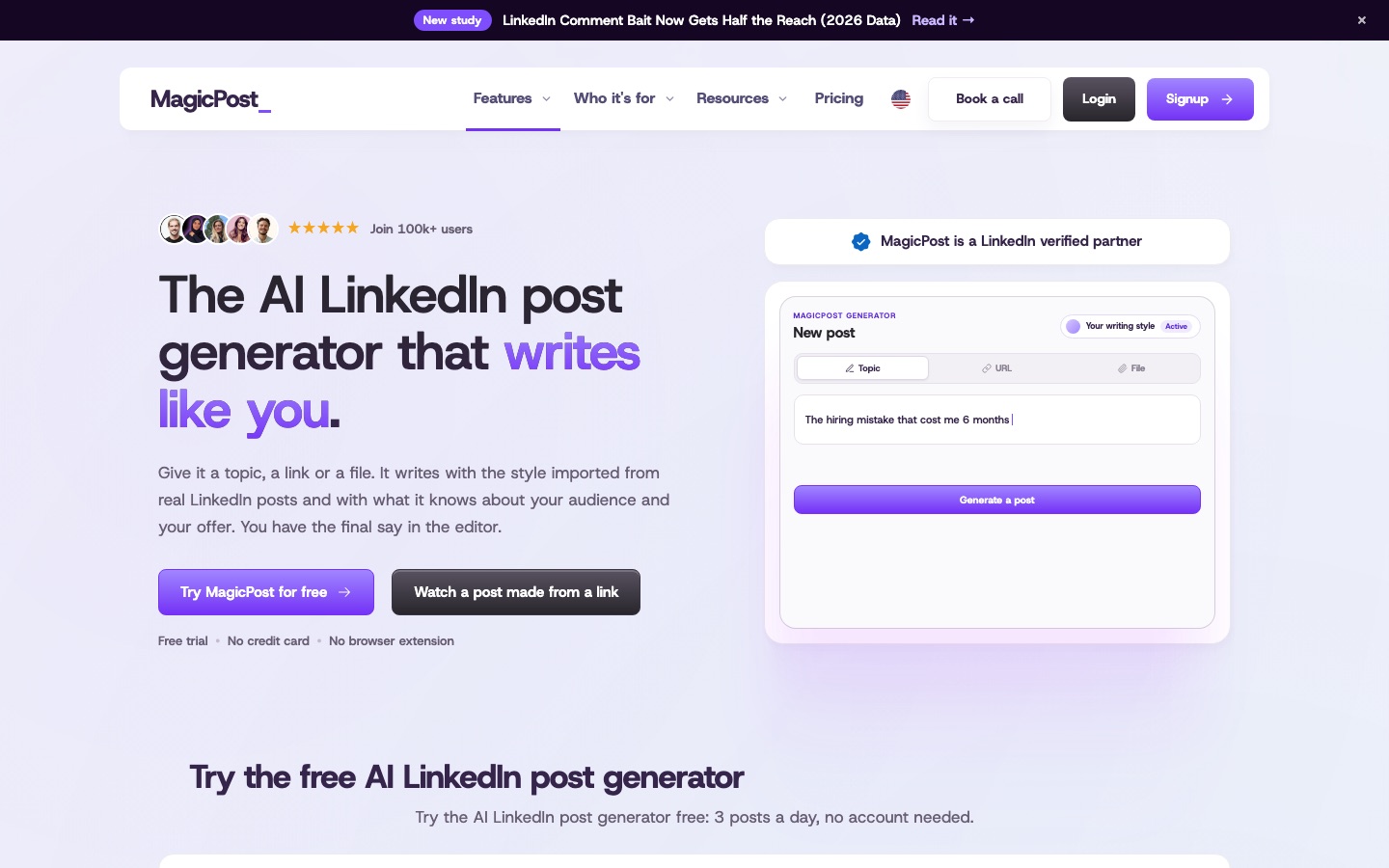 Seite von MagicPost mit dem KI-Generator für LinkedIn-Beiträge