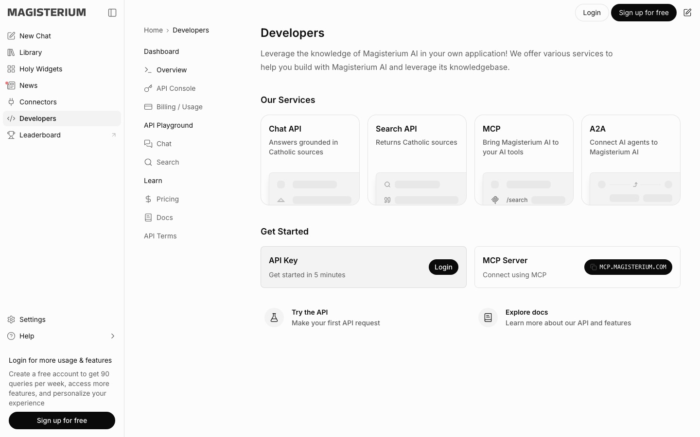 Magisterium AI developers page