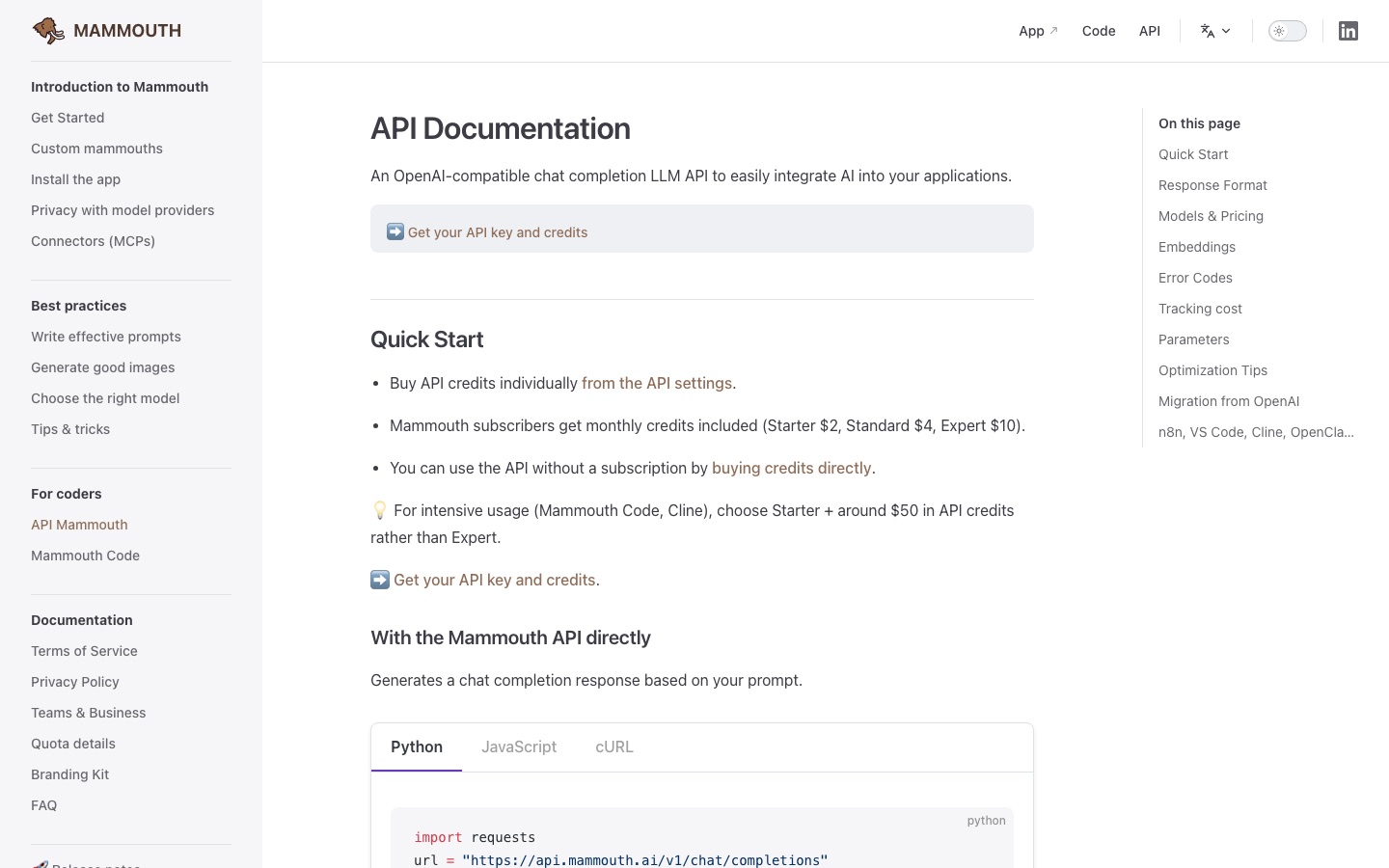 Mammouth AI api documentation page