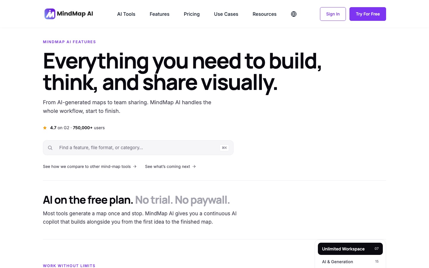 Página de funciones de MindMap AI