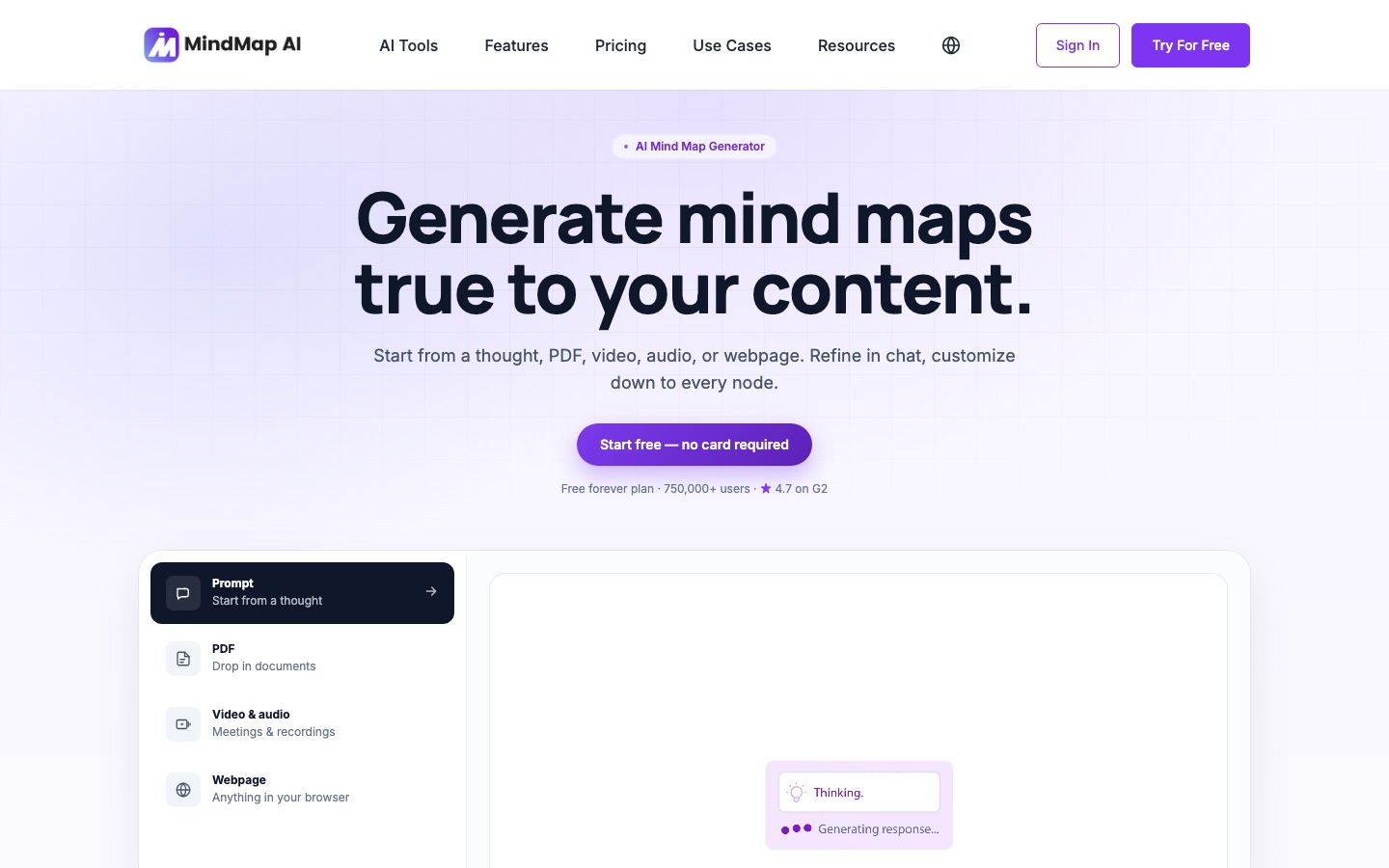 Página de inicio del sitio web de MindMap AI