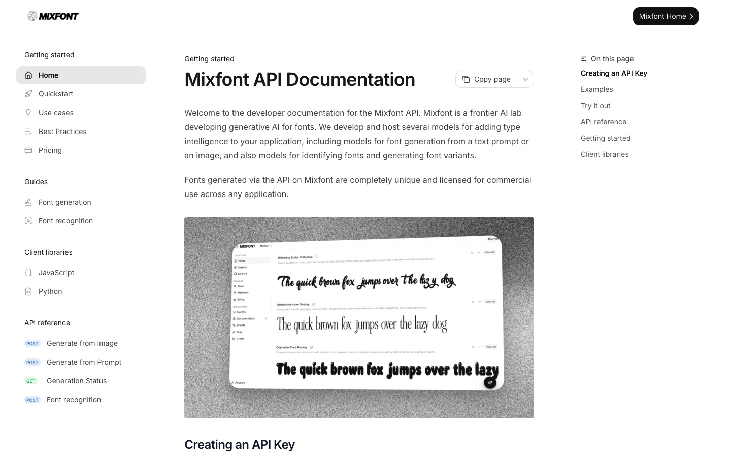Página de documentación de la API de Mixfont