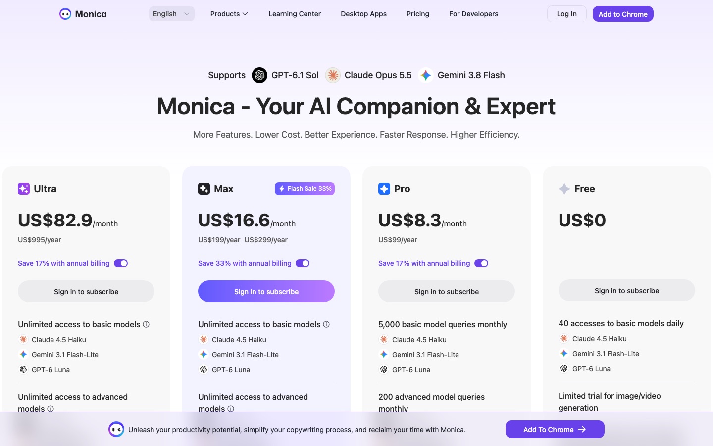 Monica plans and pricing page