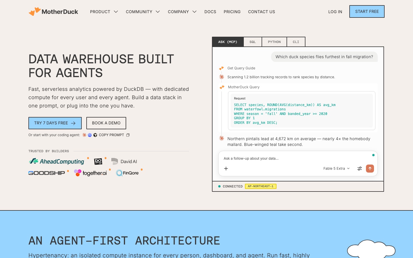 Page d’accueil du site de MotherDuck