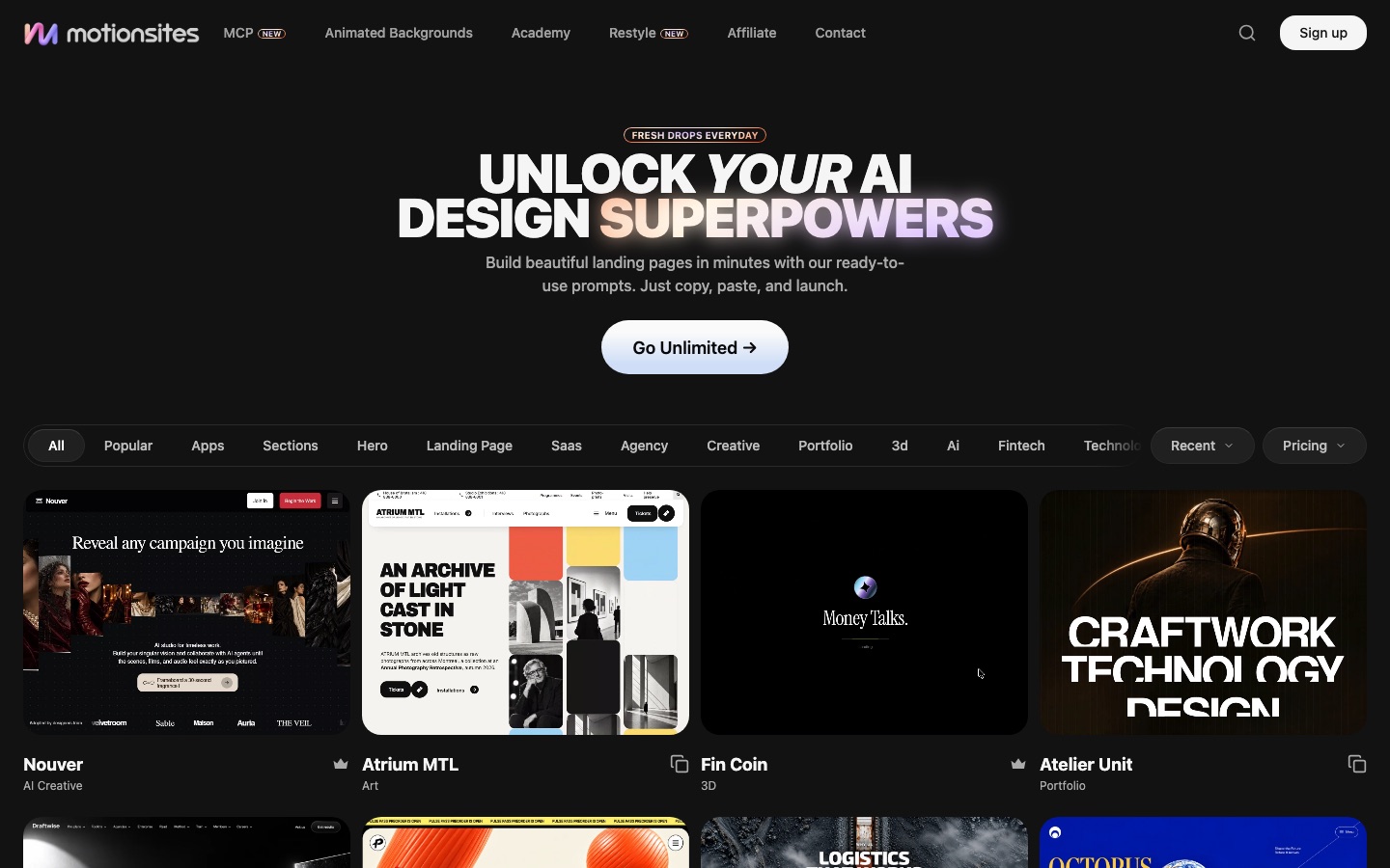 Homepage van de website van MotionSites AI