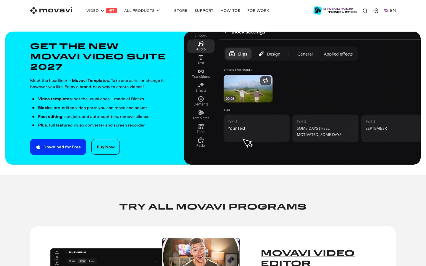 Página de inicio del sitio web de Movavi Video Editor 2026