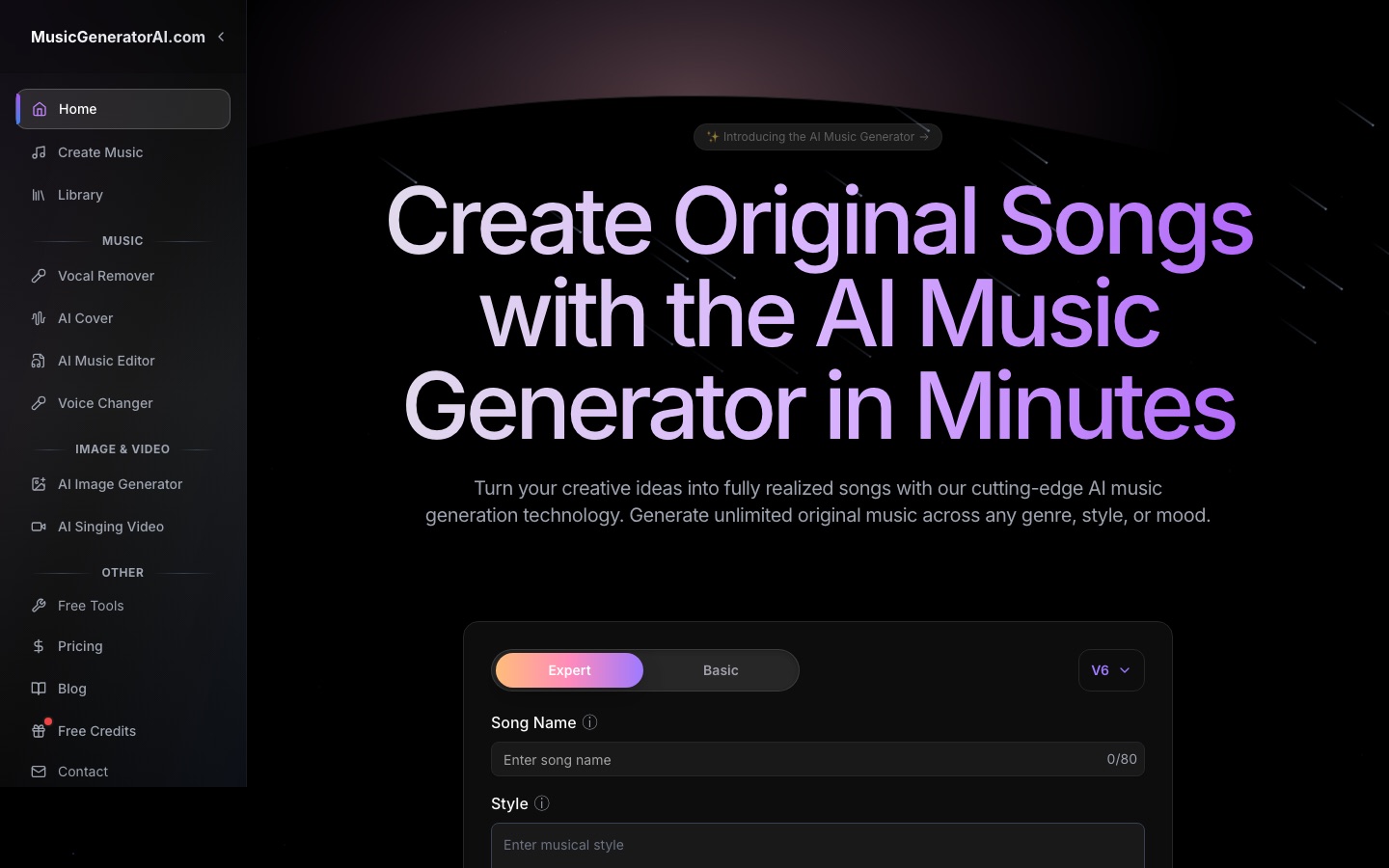 MusicGeneratorAI website home page