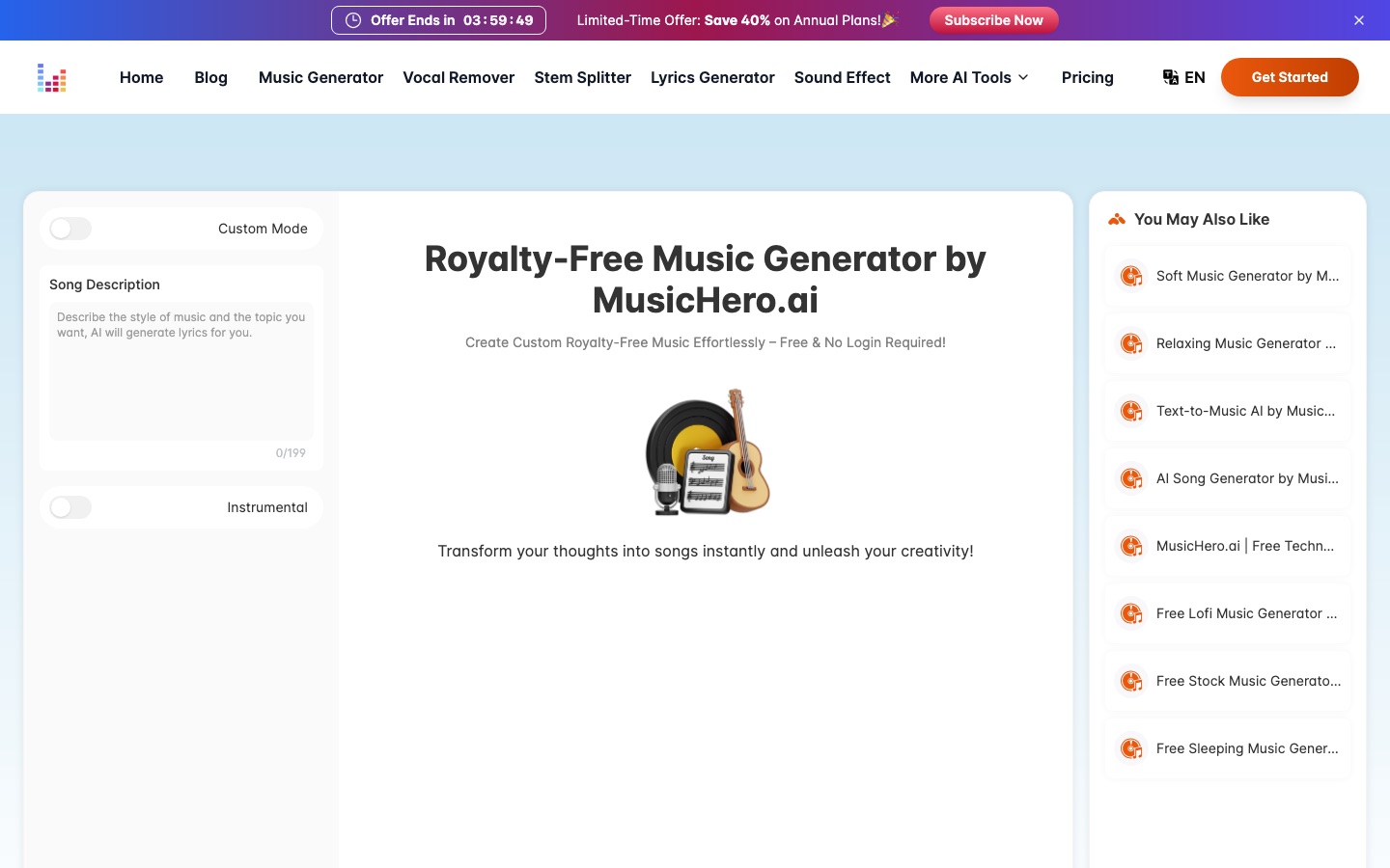 MusicHero.ai royalty-free music generator page