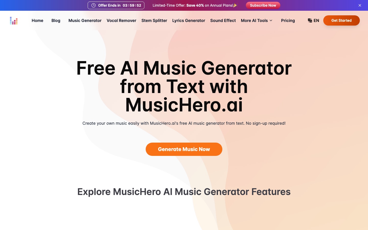 MusicHero.ai website home page