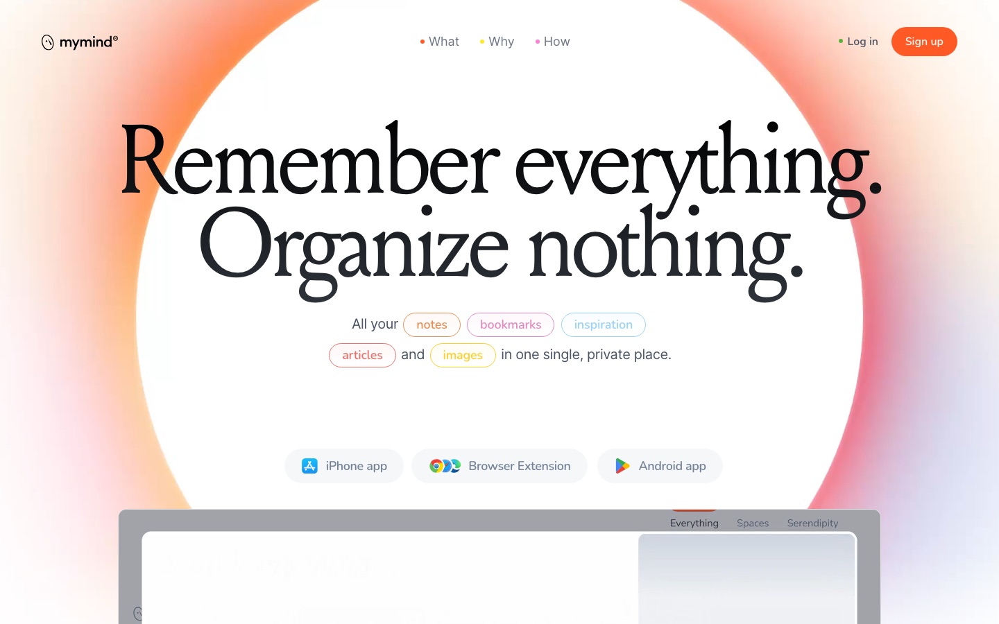 Homepage van de website van mymind