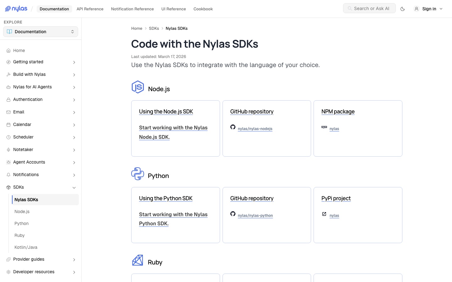 Nylas sdk documentation page