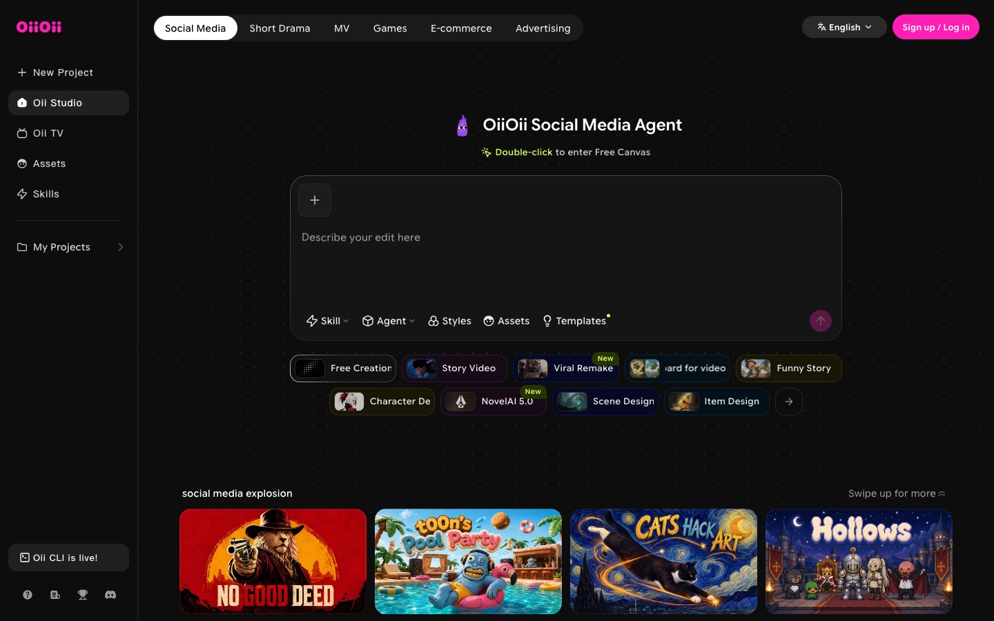 OiiOii.ai web sitesinin ana sayfası