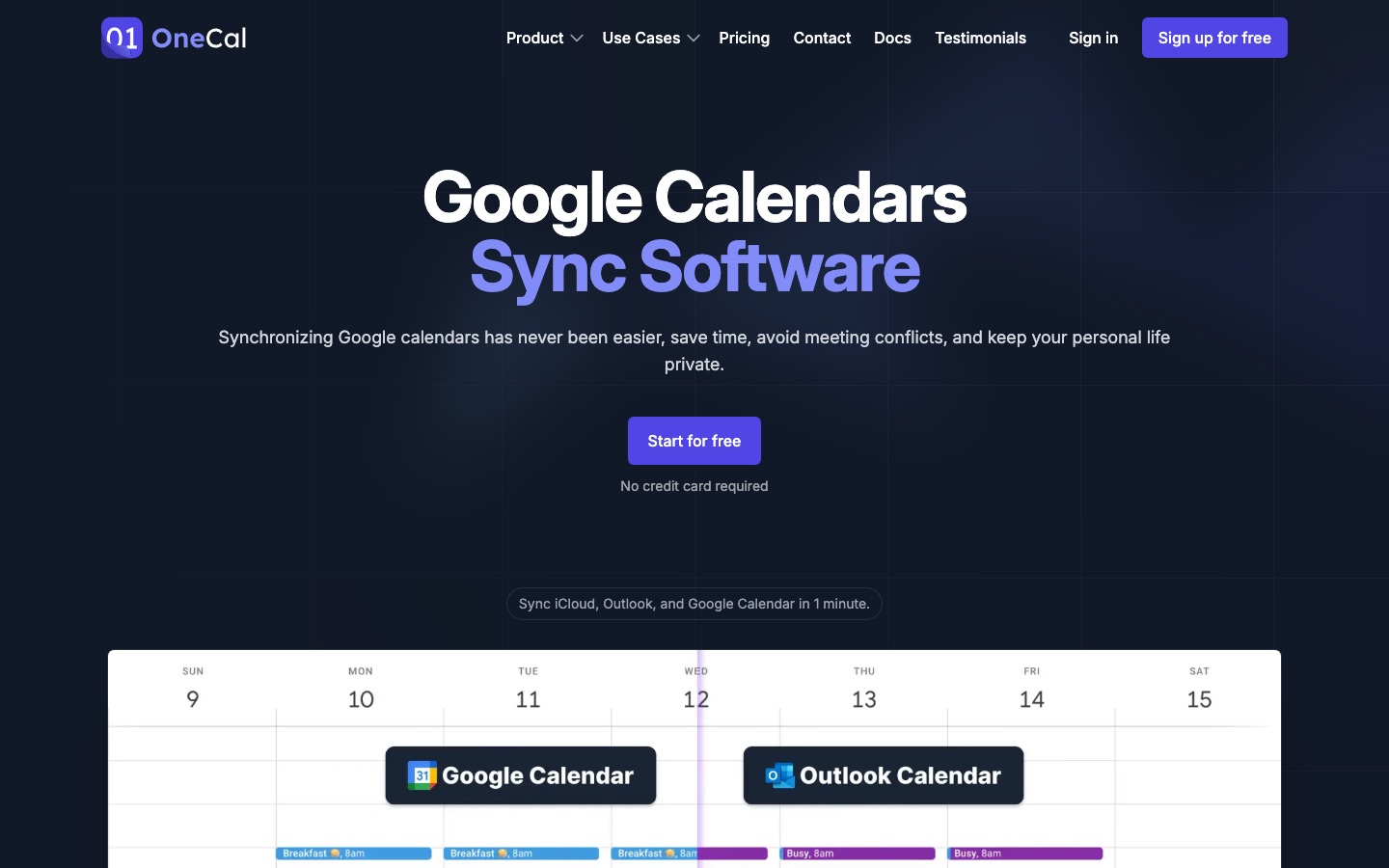 OneCal google calendar sync page