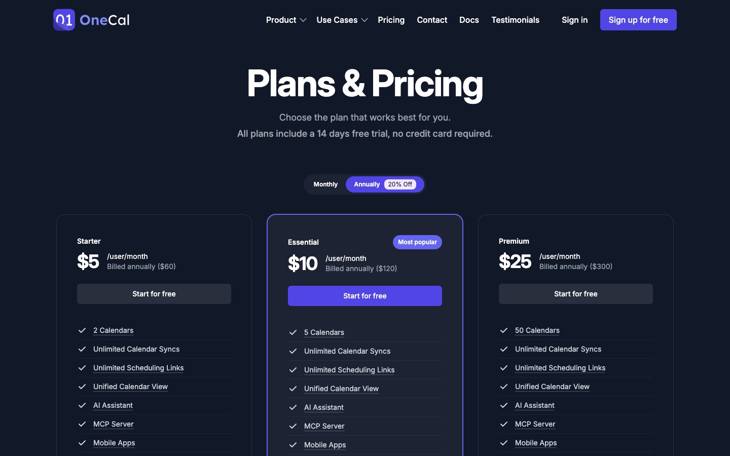 OneCal plans and pricing page