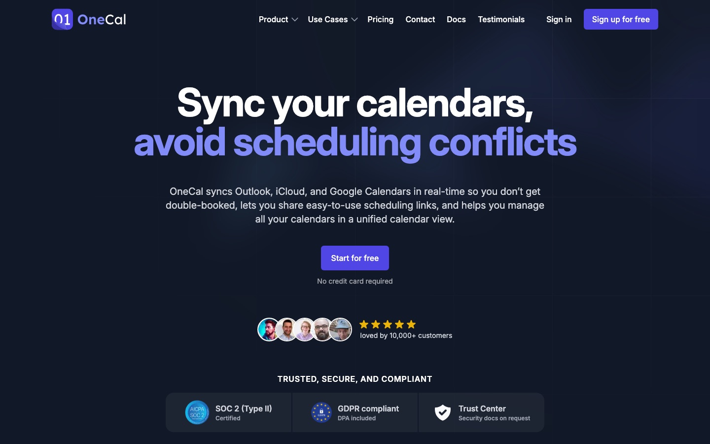 OneCal website home page