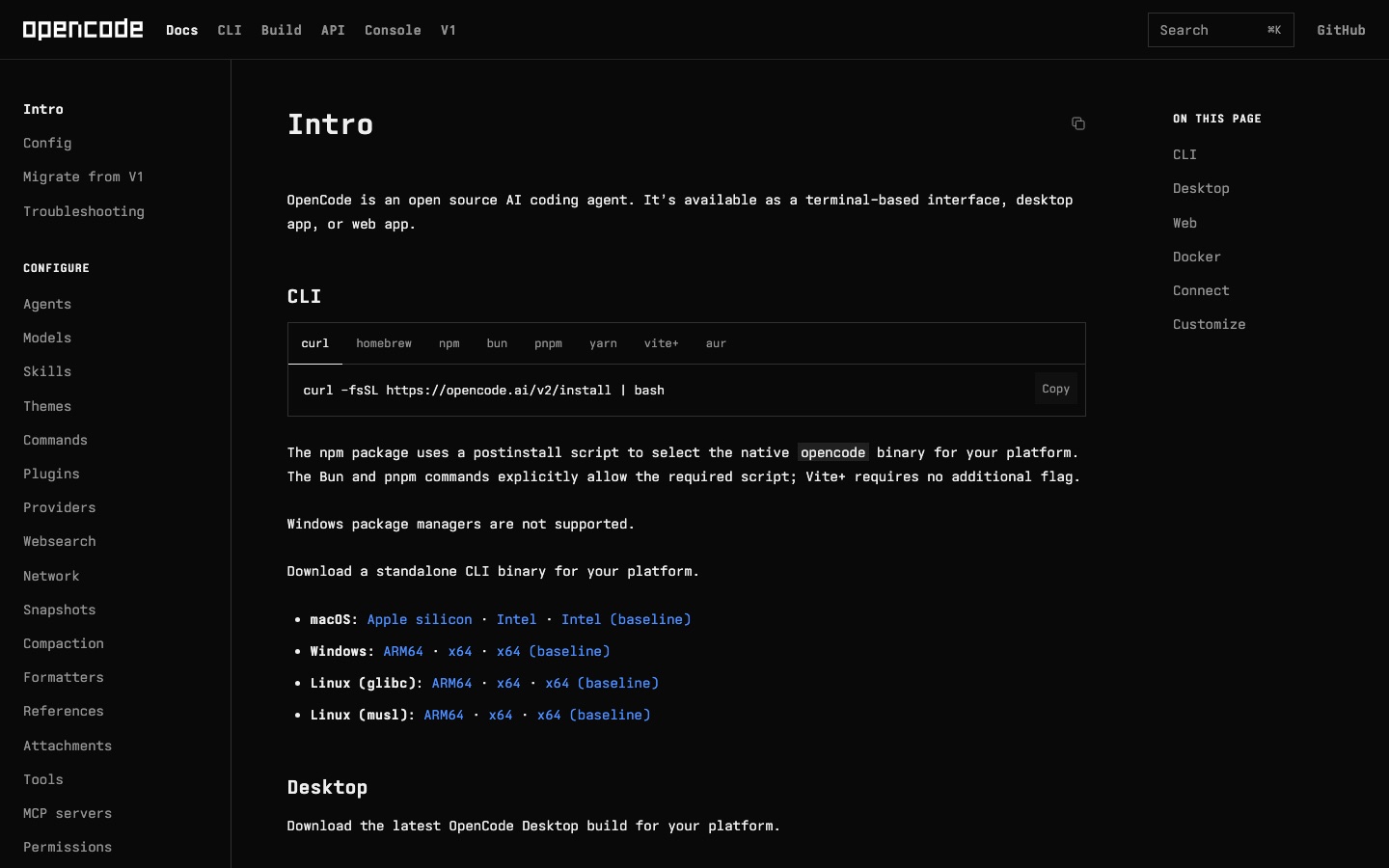 Documentatiepagina van OpenCode
