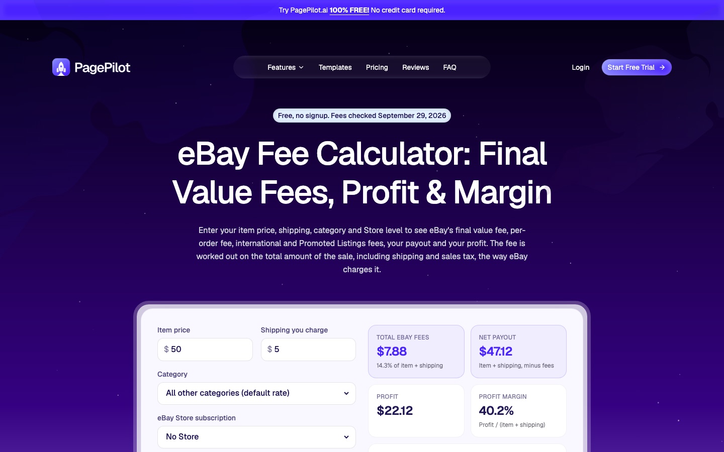 Pagina del calcolatore delle commissioni eBay di PagePilot.ai