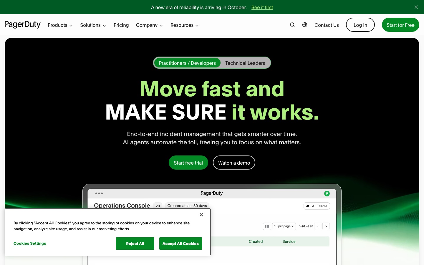 Homepage van de website van PagerDuty