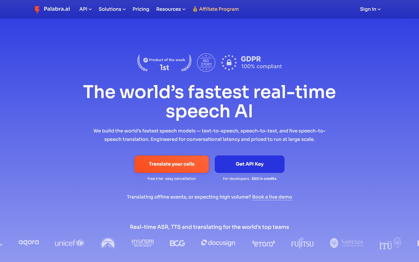 Página de inicio del sitio web de Palabra.ai