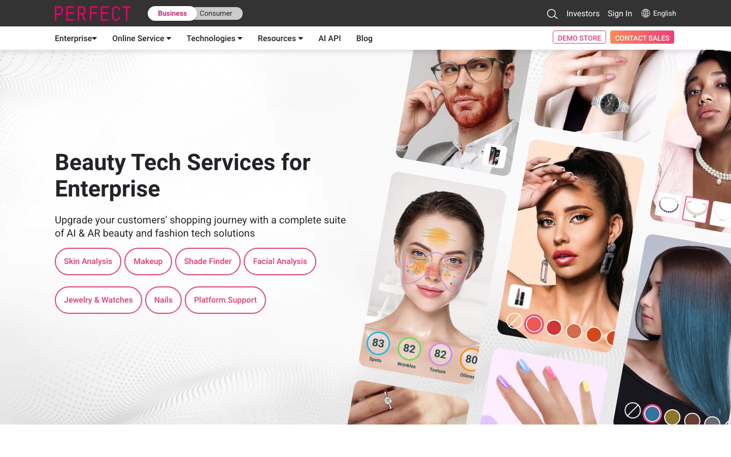 Página de servicios para empresas de Perfect Corp.