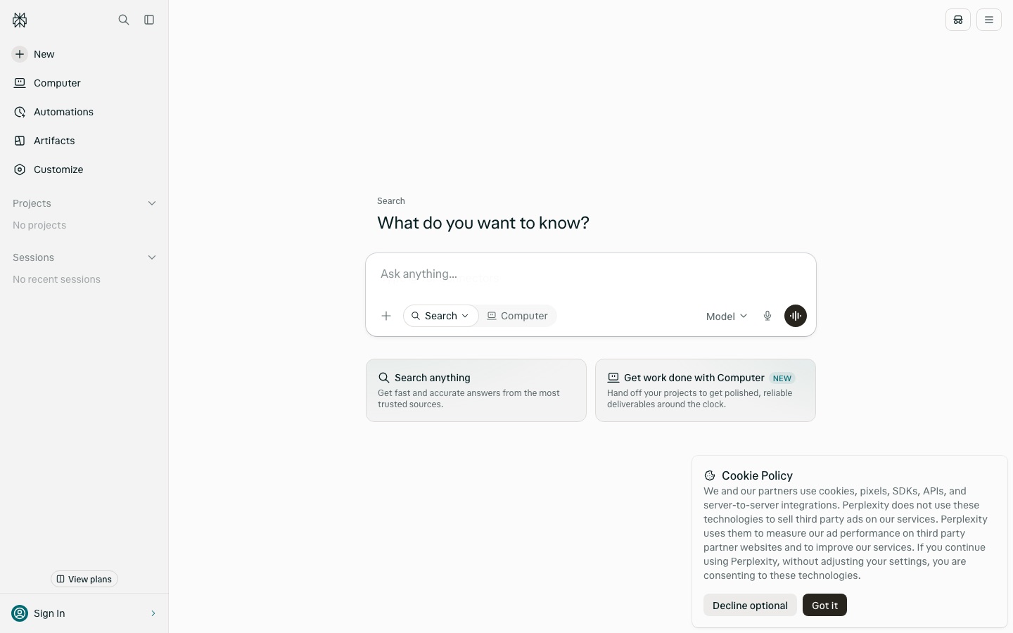 Perplexity website home page