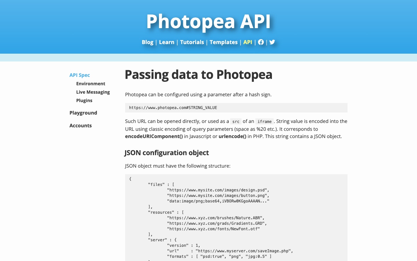Page de documentation de l’API de Photopea
