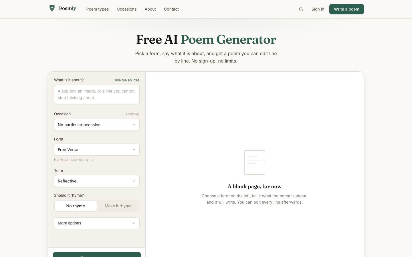 Página de inicio del sitio web de Poemly