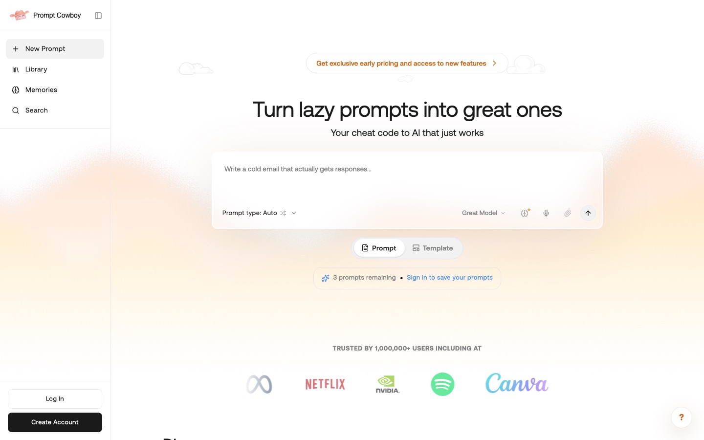Homepage van de website van Prompt Cowboy