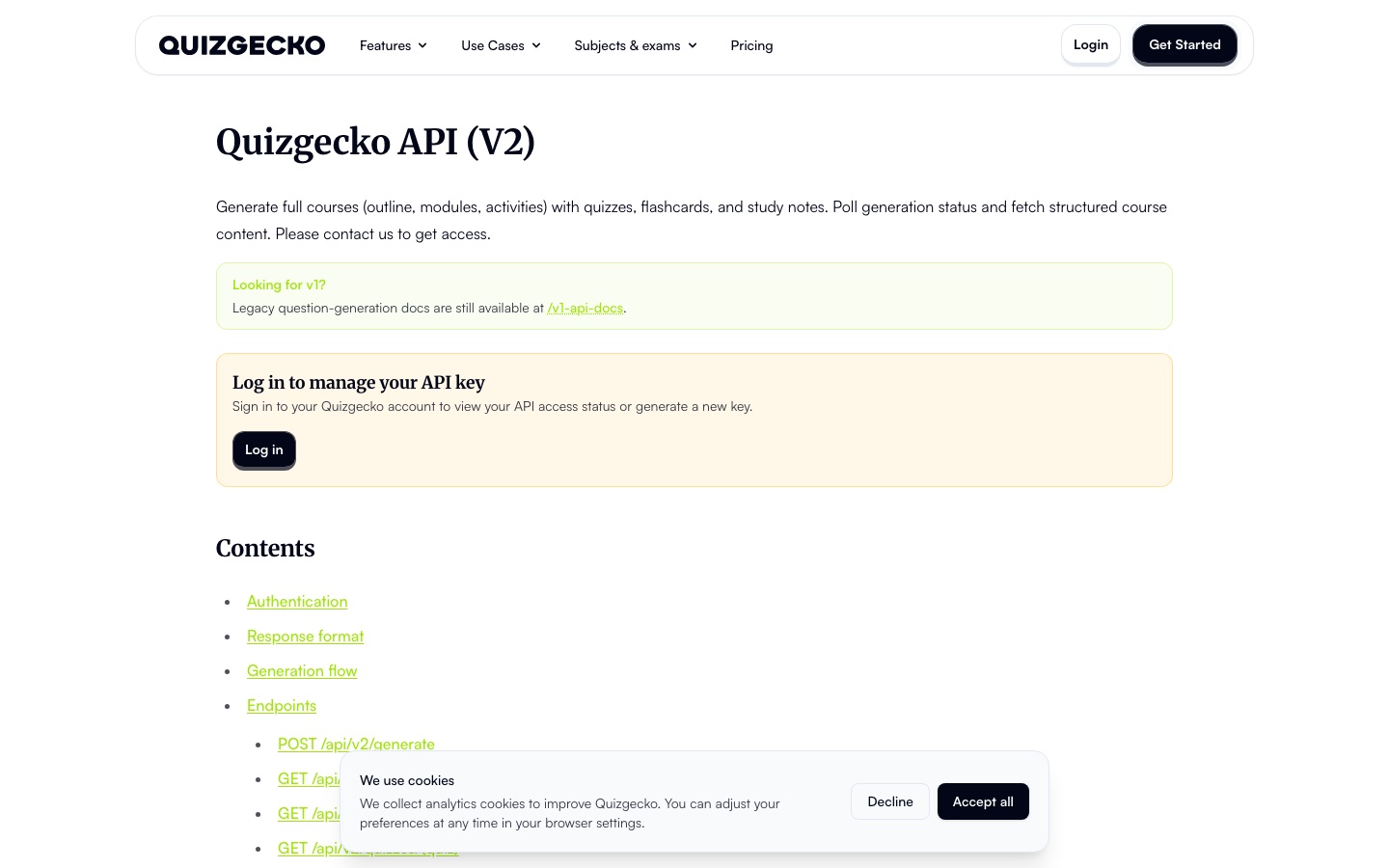 Quizgecko api documentation page