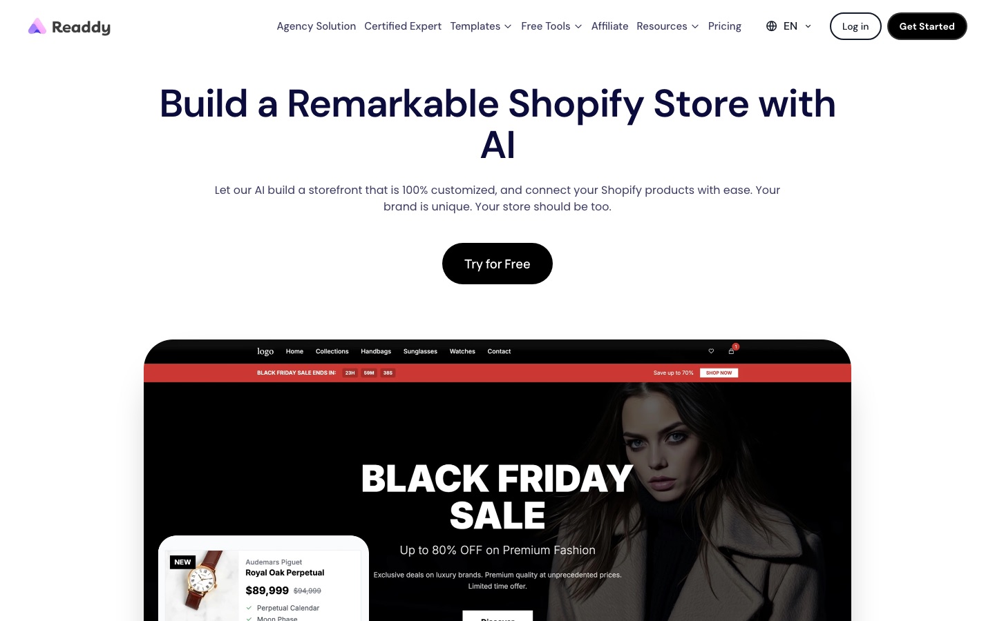 Página del creador de tiendas de Shopify de Readdy