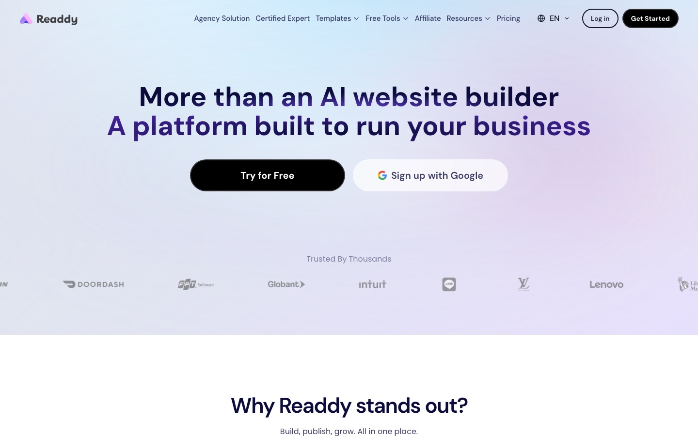 Página de inicio del sitio web de Readdy