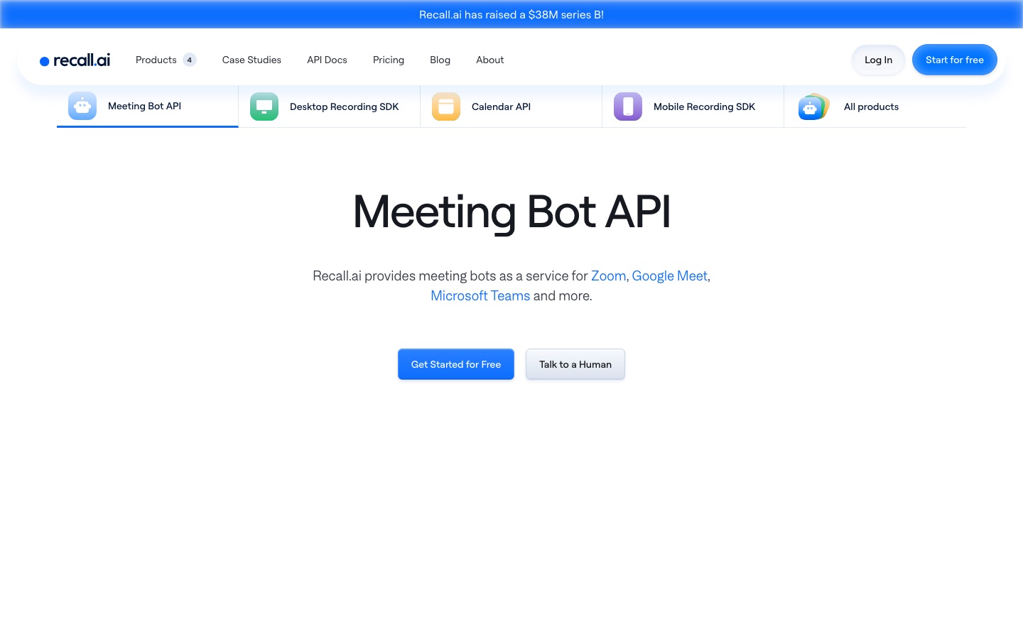 Recall.ai meeting bot api page