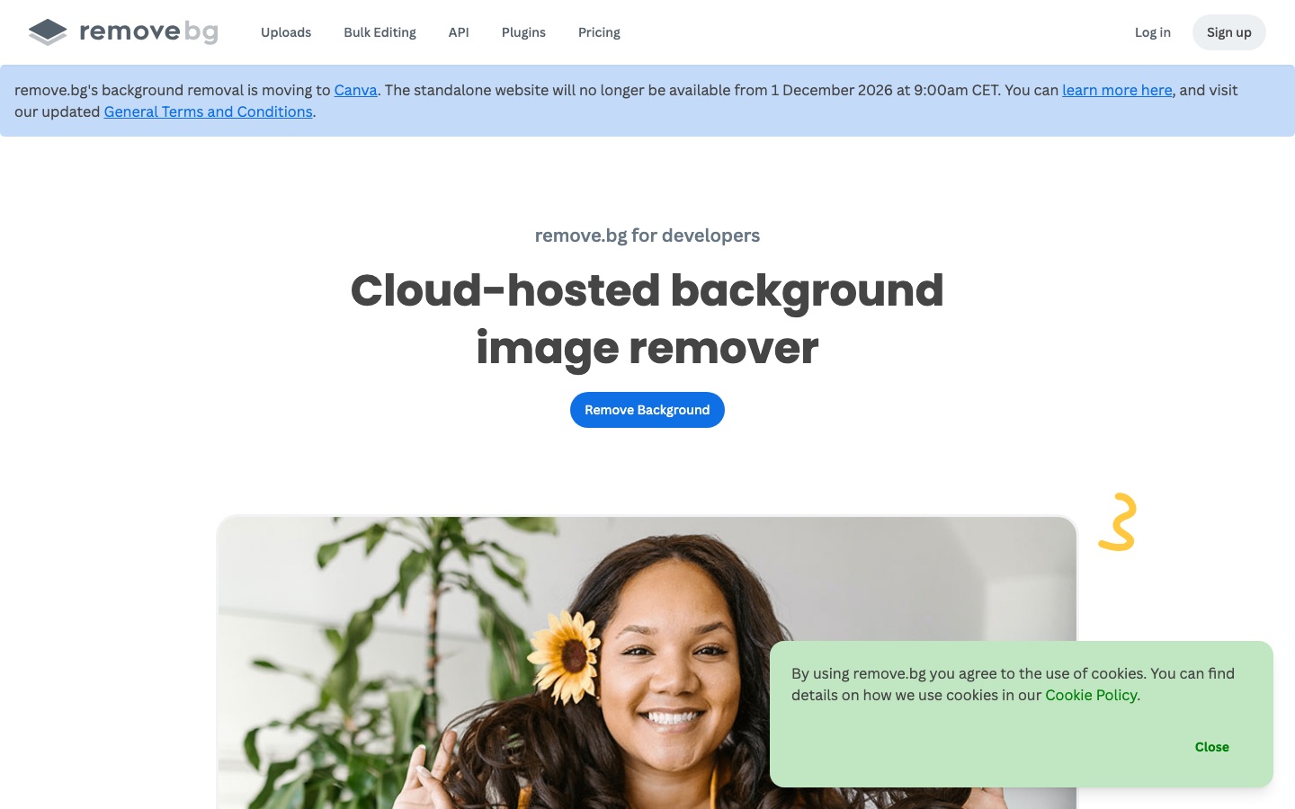 Page pour développeurs de remove.bg