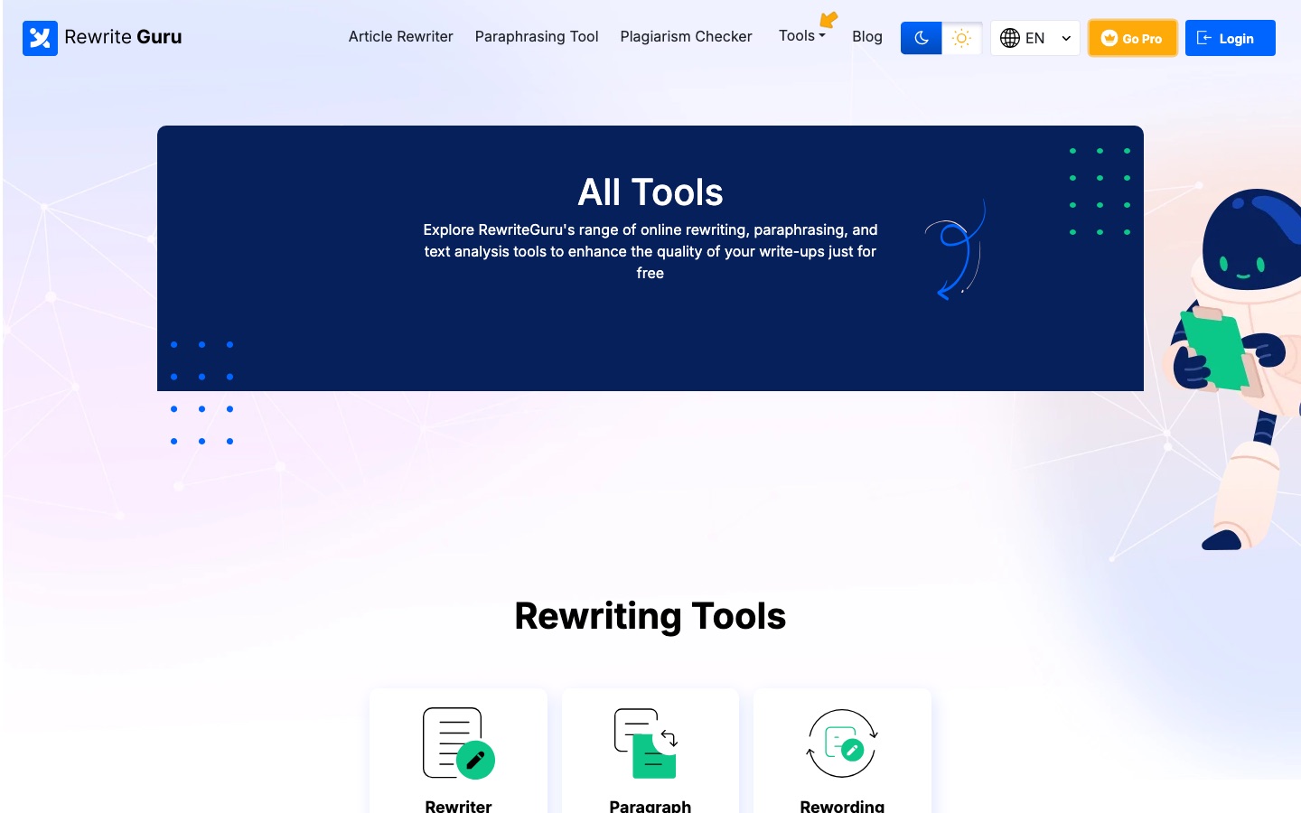 Page de tous les outils de RewriteGuru
