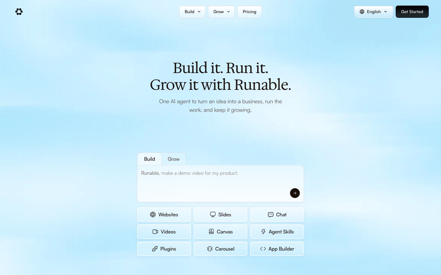 Página de inicio del sitio web de Runable