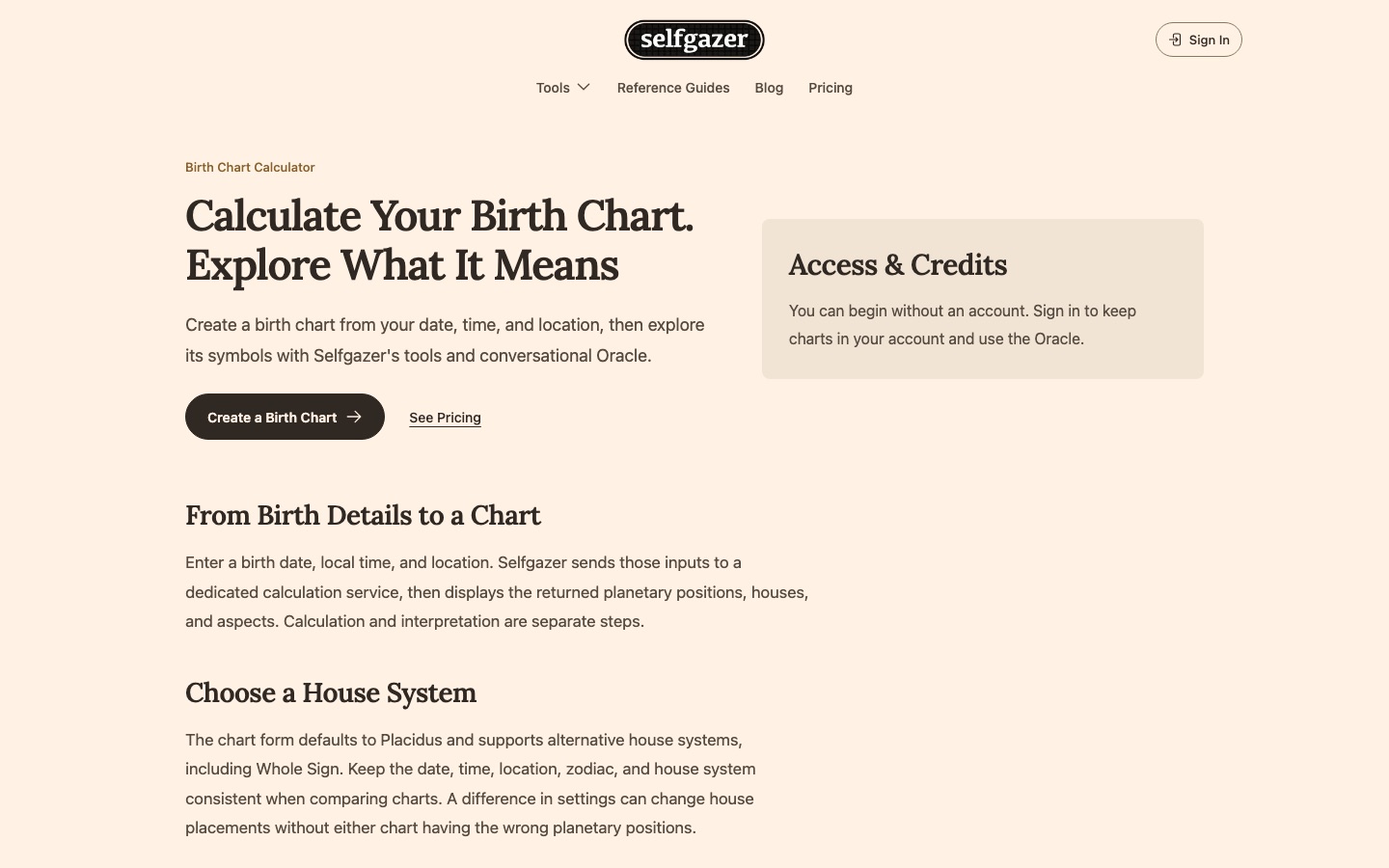 Selfgazer birth chart calculator page
