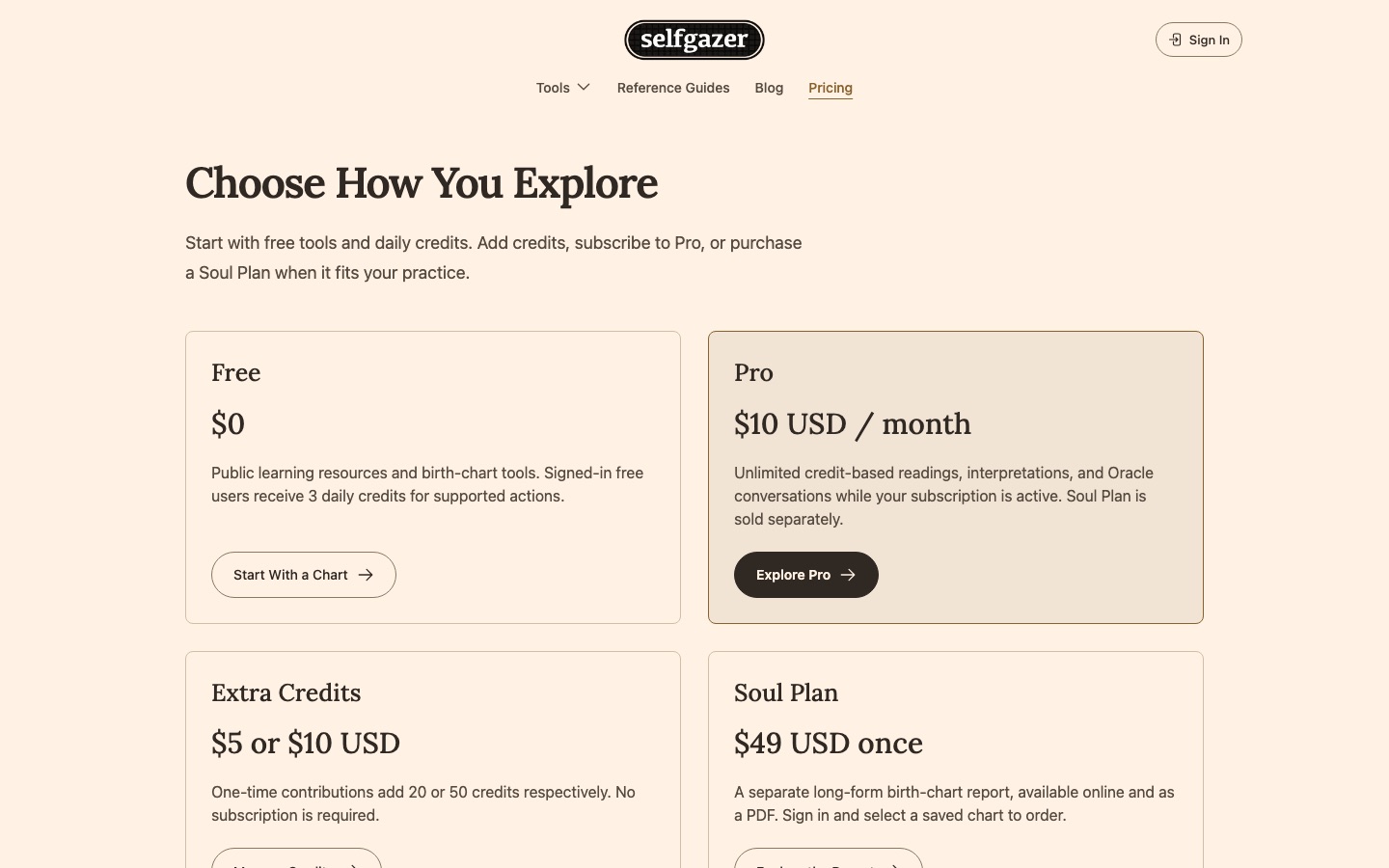 Selfgazer pricing page