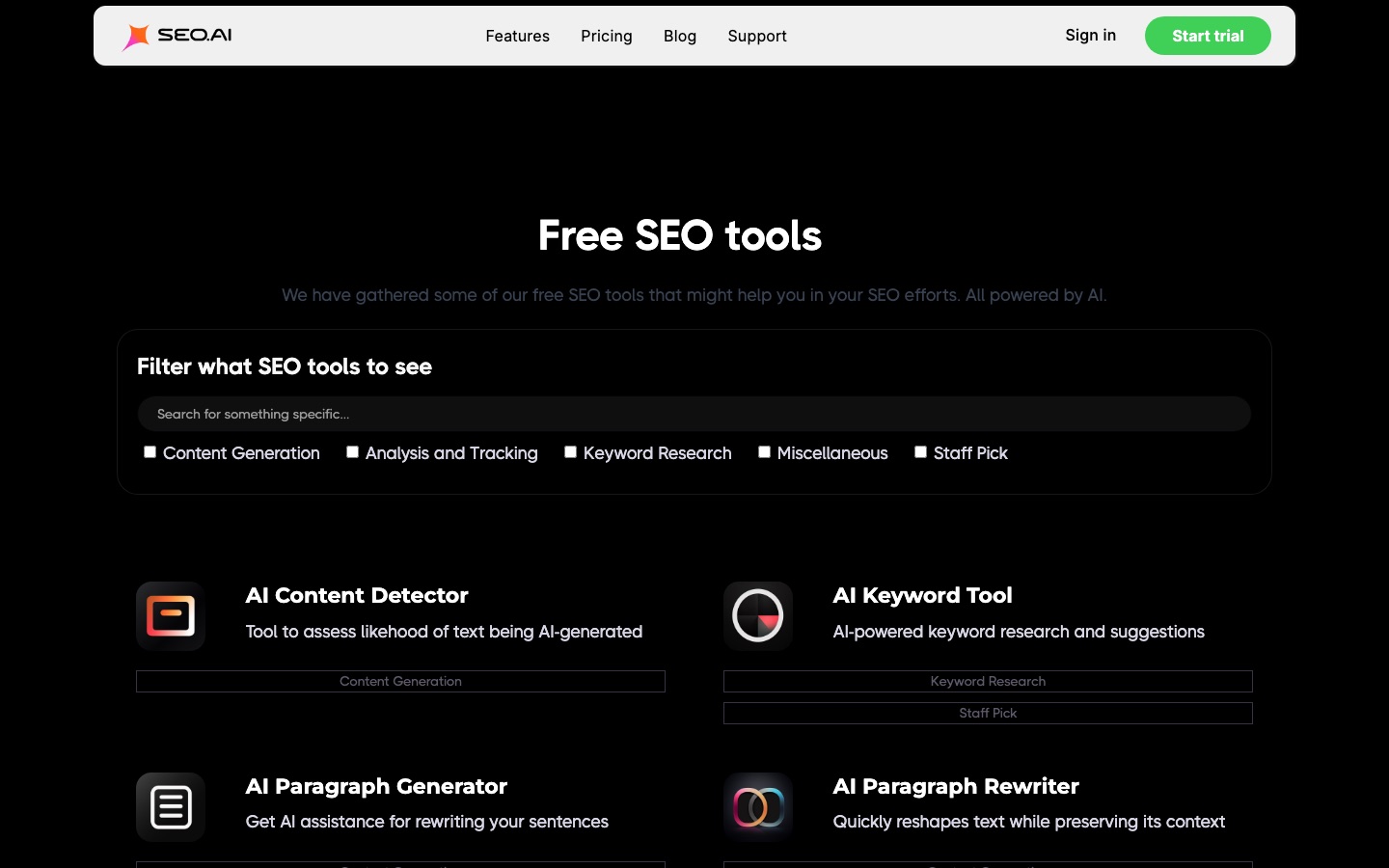 SEO.AI free tools page